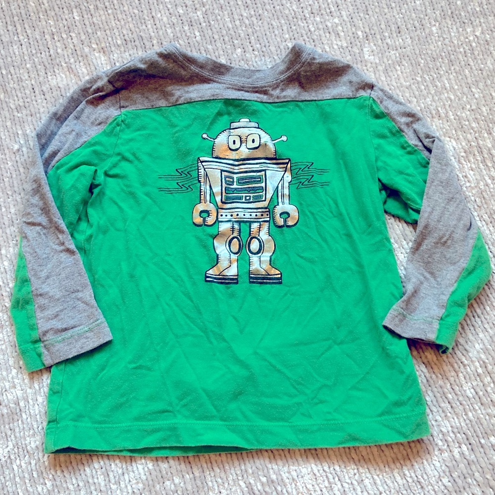 Hanna Andersson Robot Graphic Long Sleeve Tee Green Gray Kids Size 3T